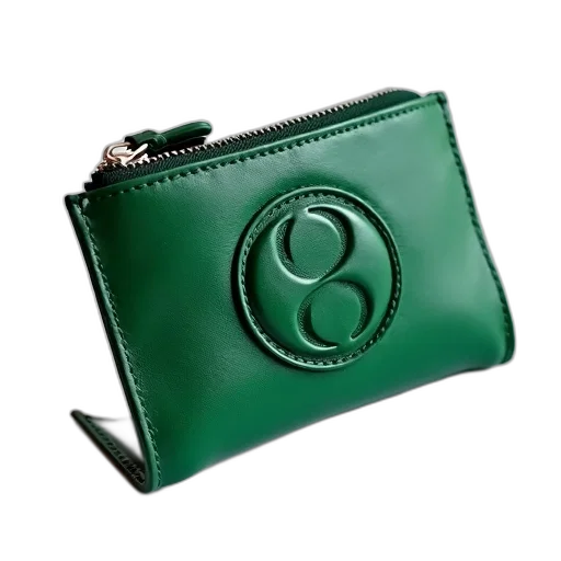 green, leather, wallet, silver, zipper, circular, logo, front transparent PNG cut-out