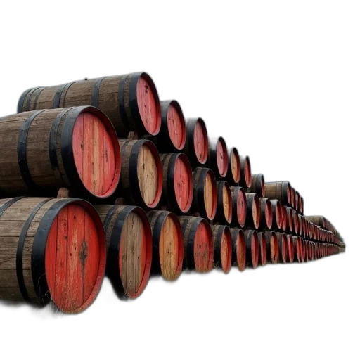 bottle, 3d render, large, pile, wooden, barrels, red, lids transparent PNG cut-out