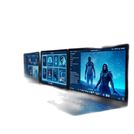 3d render, cyberpunk, concept art, outer space, blue, android, devices, display transparent PNG cut-out