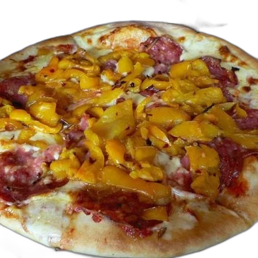 food, crown, photorealistic, pepperoni, pizza, yellow, peppers, top transparent PNG cut-out