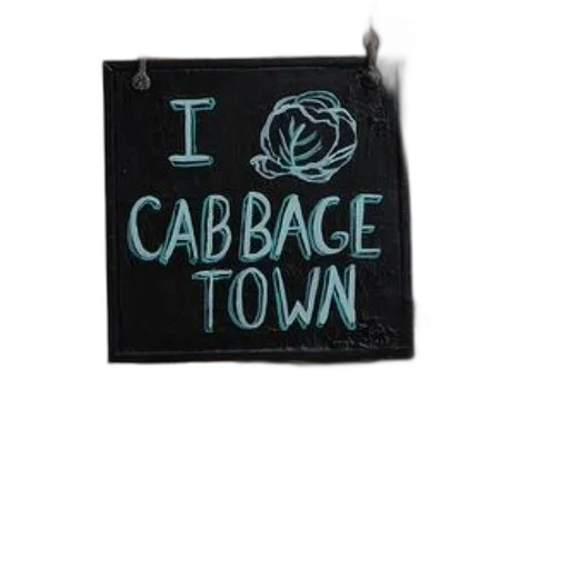 chalkboard, sign, hanging, pole, reads, cabbage, town, blue transparent PNG cut-out