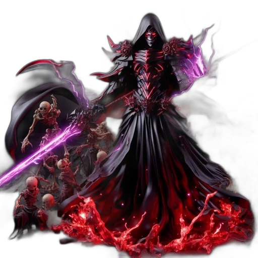 concept art, fantasy art, pixel art, dark, red, imposing, sorcerer, flowing transparent PNG cut-out
