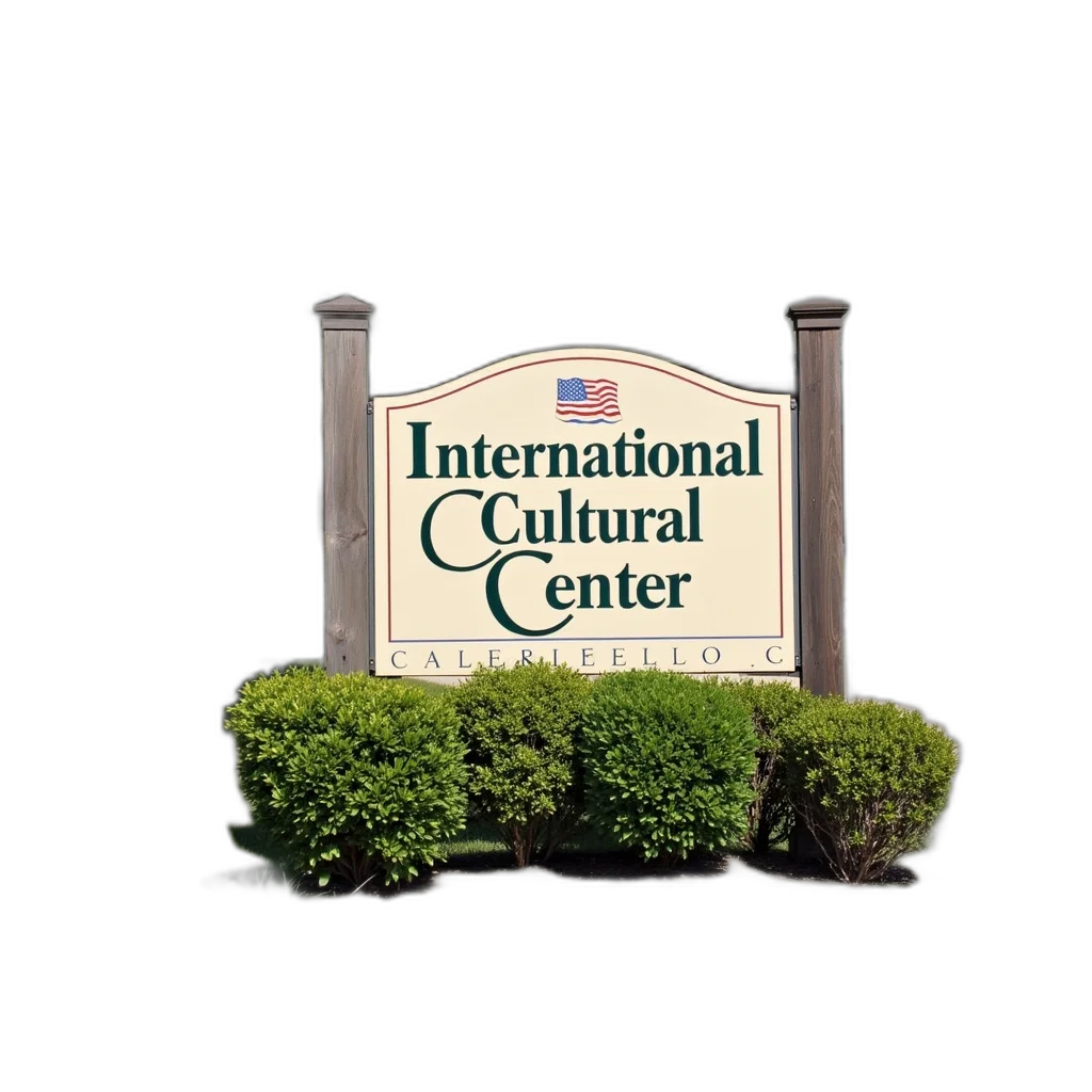 building, sign, words, international, cultural, center, mounted, wooden transparent PNG cut-out
