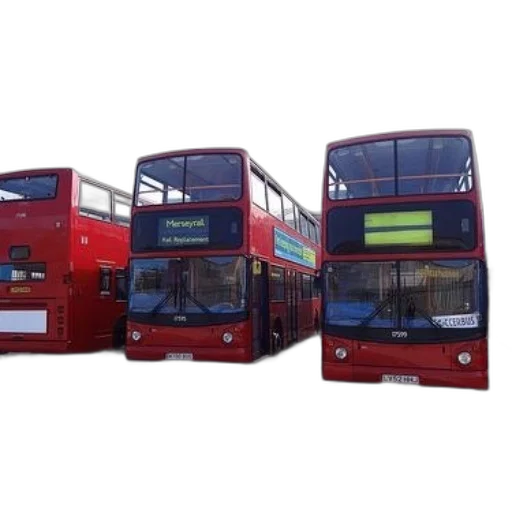 3d render, photorealistic, three, red, double-decker, buses, parked, lot transparent PNG cut-out