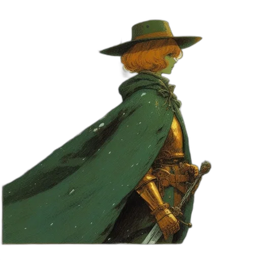 hat, staff, jacket, sword, concept art, 3d render, fantasy art, green transparent PNG cut-out