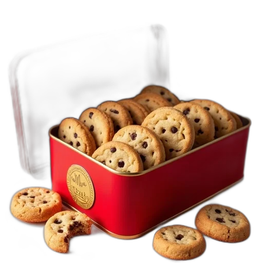 food, 3d render, photorealistic, red, tin, box, gold, emblem transparent PNG cut-out