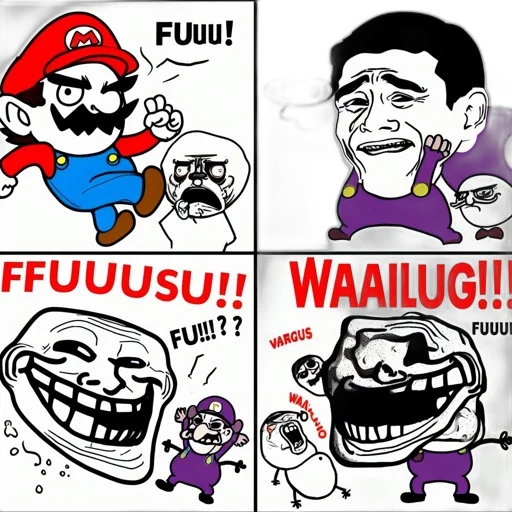 comic book art, cartoon, mario, waluigi, two, troll, faces, shout transparent PNG cut-out