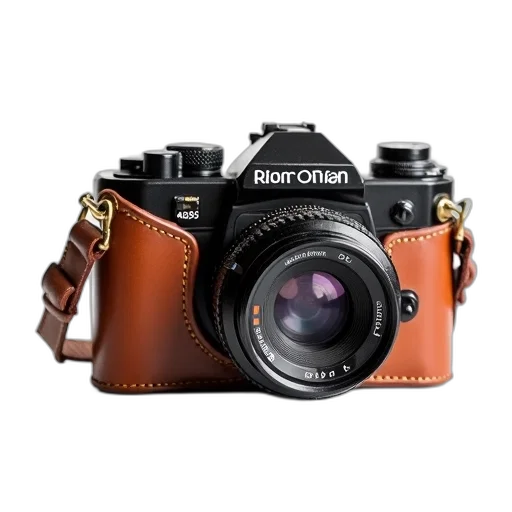weapon, photorealistic, vintage, camera, brown, leather, case, displayed transparent PNG cut-out
