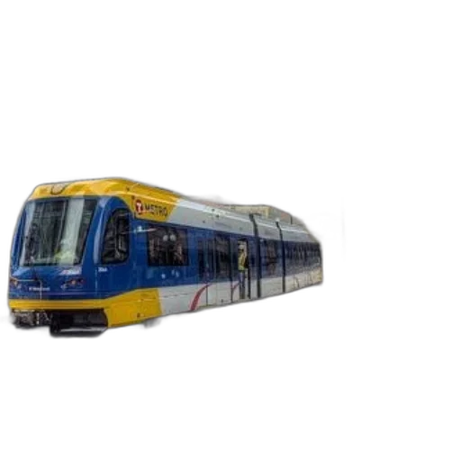 blue, yellow, streetcar, word, metro, driving, down, city transparent PNG cut-out