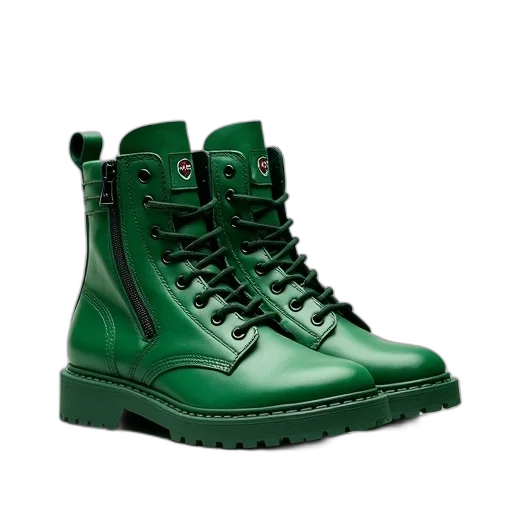 shoes, 3d render, photorealistic, green, pair, high-top, boots, zipper transparent PNG cut-out