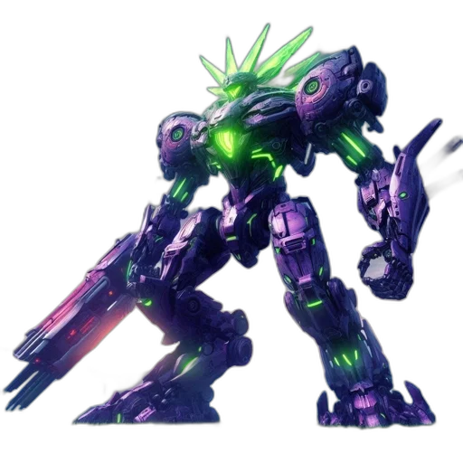 robot, weapon, concept art, cyberpunk, pixel art, 3d render, green, neon transparent PNG cut-out