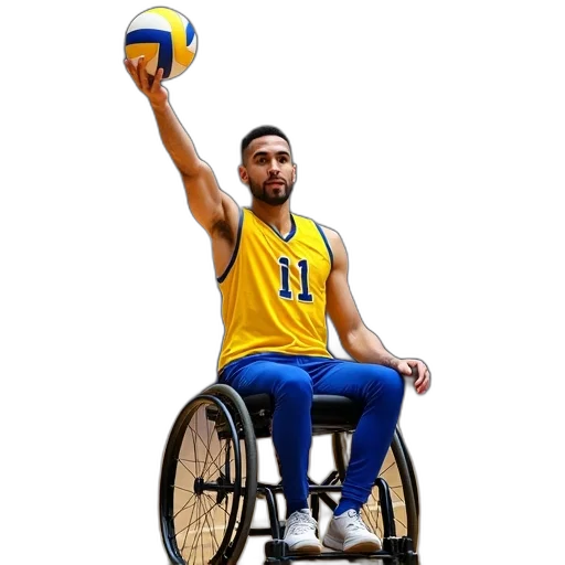 robot, concept art, man, wheelchair, holding, volleyball, air, his transparent PNG cut-out