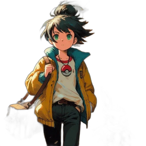 jacket, staff, weapon, face, concept art, anime, pixel art, cartoon transparent PNG cut-out