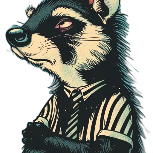 jacket, staff, animal, comic book art, concept art, cartoon, watercolor, raccoon transparent PNG cut-out