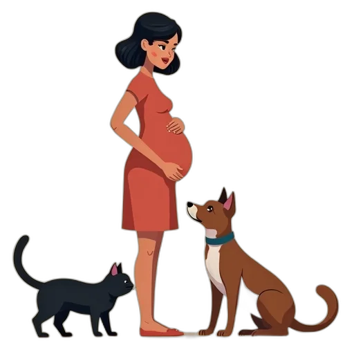 concept art, cartoon, pixel art, pregnant, woman, her, cats, set transparent PNG cut-out