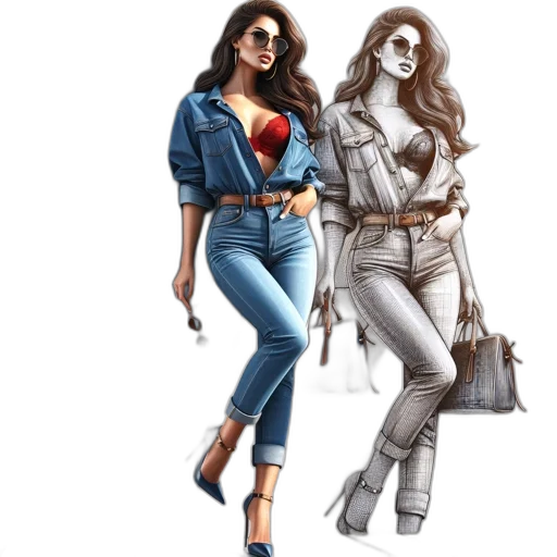 jacket, comic book art, concept art, cartoon, photorealistic, woman, fashionable, ensemble transparent PNG cut-out