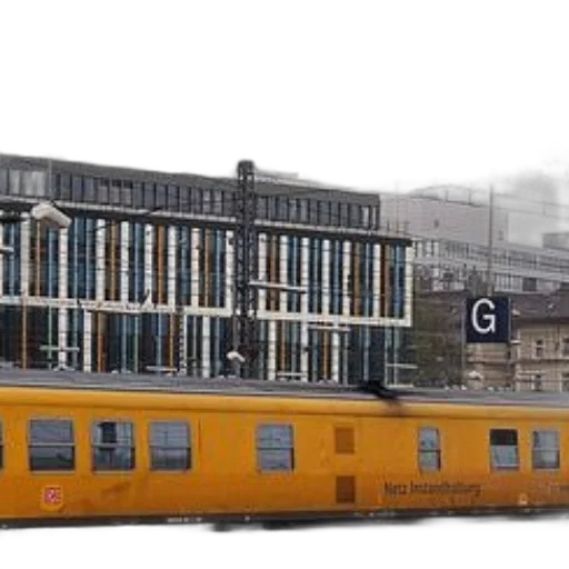 building, 3d render, concept art, photorealistic, city street, yellow, train, text transparent PNG cut-out