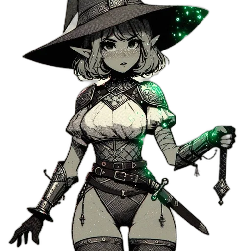 staff, hat, dress, weapon, fantasy art, pixel art, concept art, comic book art transparent PNG cut-out