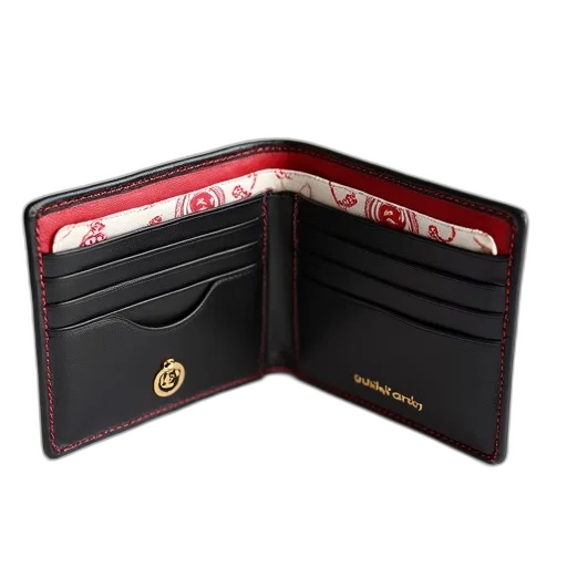 black, leather, wallet, red, stitching, detail, gold-toned, logo transparent PNG cut-out