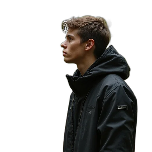 jacket, face, staff, hair, photorealistic, 3d render, concept art, cyberpunk transparent PNG cut-out