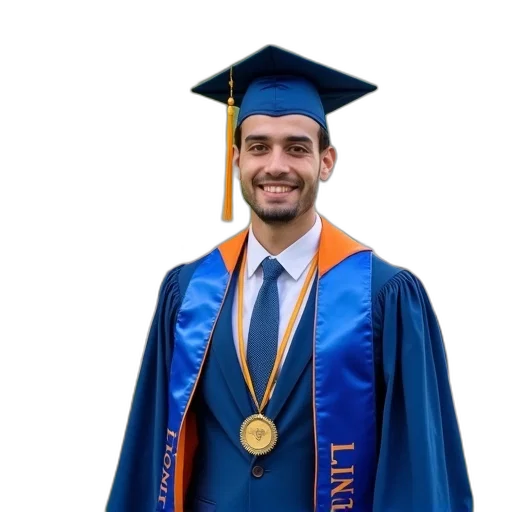 staff, young, man, blue, graduation, gown, cap, standing transparent PNG cut-out