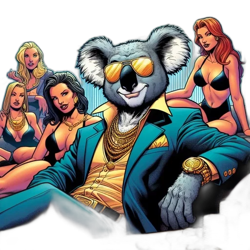 comic book art, concept art, cartoon, upscale, environment, koala, suit, holds transparent PNG cut-out