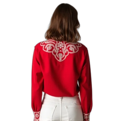jacket, red, woman, wearing, top, floral, pattern, collar transparent PNG cut-out