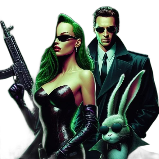 comic book art, cyberpunk, concept art, fantasy art, green, woman, man, rabbit transparent PNG cut-out