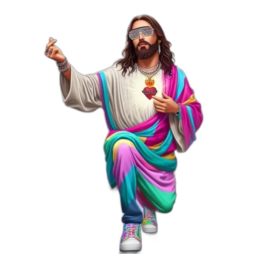 vaporwave, jesus, sporting, beard, sunglasses, vibrant, attire, holds transparent PNG cut-out