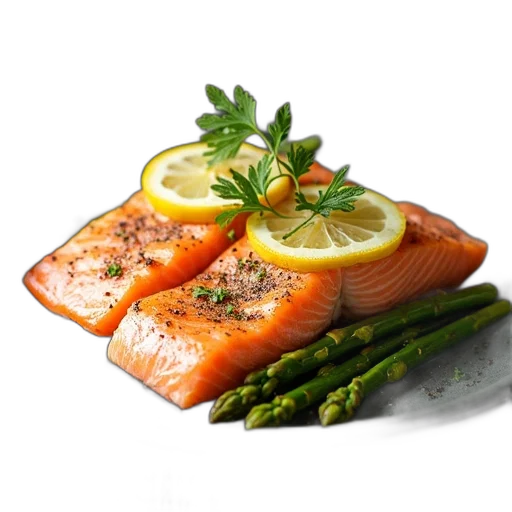 food, photorealistic, 3d render, plate, salmon, fillets, sprinkle, parsley transparent PNG cut-out