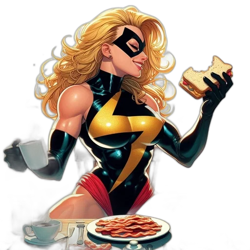 comic book art, concept art, female, superhero, enjoys, breakfast, various, food transparent PNG cut-out