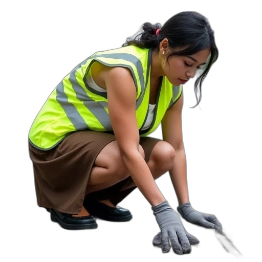 staff, weapon, woman, yellow, safety, vest, kneeling, sidewalk transparent PNG cut-out