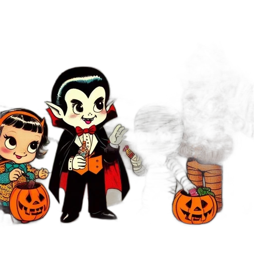 cartoon, concept art, comic book art, five, children, halloween, costumes, carry transparent PNG cut-out