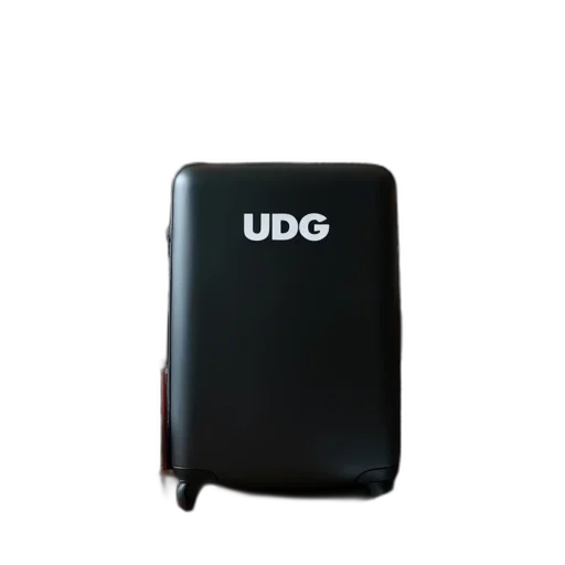 3d render, black, suitcase, udg, logo, front, standing, upright transparent PNG cut-out
