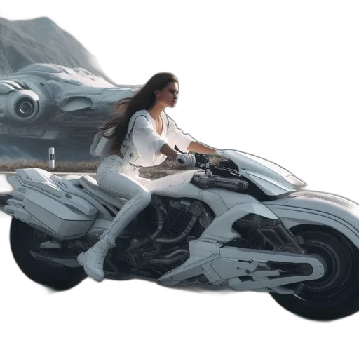 car, concept art, photorealistic, 3d render, comic book art, woman, rides, white transparent PNG cut-out