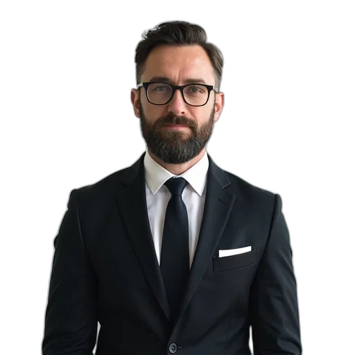 staff, jacket, face, hair, photorealistic, man, glasses, beard transparent PNG cut-out