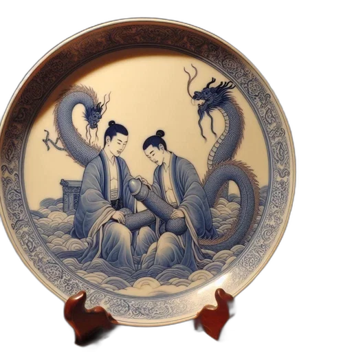 dragon, underwater, blue, white, ceramic, plate, intricate, patterns transparent PNG cut-out