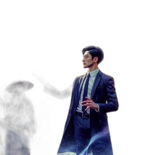 jacket, umbrella, robot, concept art, comic book art, watercolor, photorealistic, fog transparent PNG cut-out