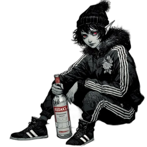 jacket, bottle, shoes, creature, pixel art, cyberpunk, concept art, comic book art transparent PNG cut-out