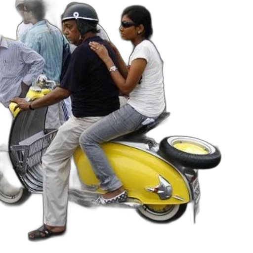 photorealistic, concept art, woman, sunglasses, rides, back, yellow, scooter transparent PNG cut-out