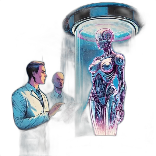 robot, concept art, comic book art, vaporwave, outer space, underwater, two, men transparent PNG cut-out