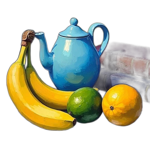 food, bottle, weapon, photorealistic, oil painting, 3d render, concept art, blue transparent PNG cut-out