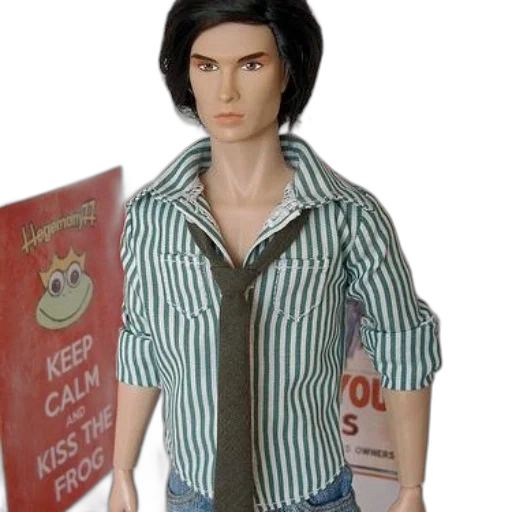 3d render, doll, dressed, striped, shirt, green, vest, jeans transparent PNG cut-out