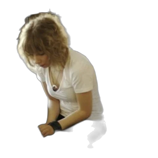 staff, jewelry, woman, white, shirt, black, pants, sits transparent PNG cut-out