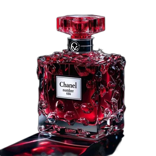 bottle, crown, photorealistic, 3d render, square-shaped, perfume, deep, red transparent PNG cut-out