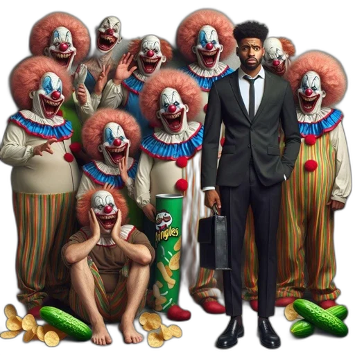 concept art, group, clowns, surround, formally, dressed, man, briefcase transparent PNG cut-out