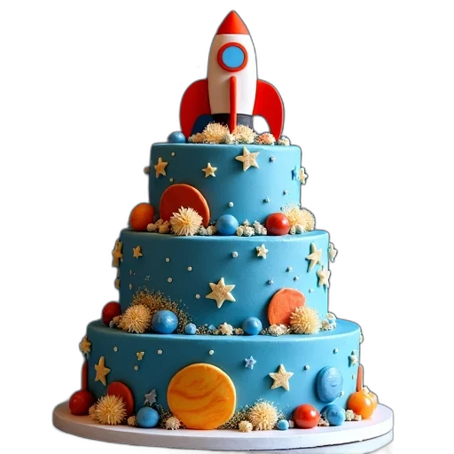 food, 3d render, outer space, three-tiered, birthday, cake, space, theme transparent PNG cut-out