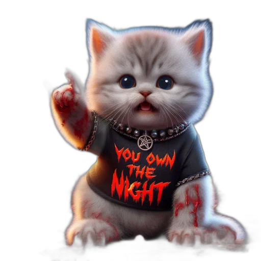 concept art, small, fierce, kitten, own, night, t-shirt, surrounded transparent PNG cut-out