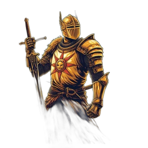 sword, weapon, robot, fantasy art, concept art, comic book art, pixel art, golden transparent PNG cut-out
