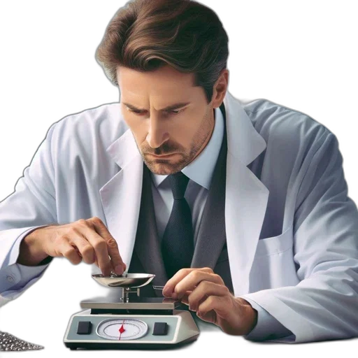 man, lab, coat, works, diligently, table, meticulously, weighing transparent PNG cut-out